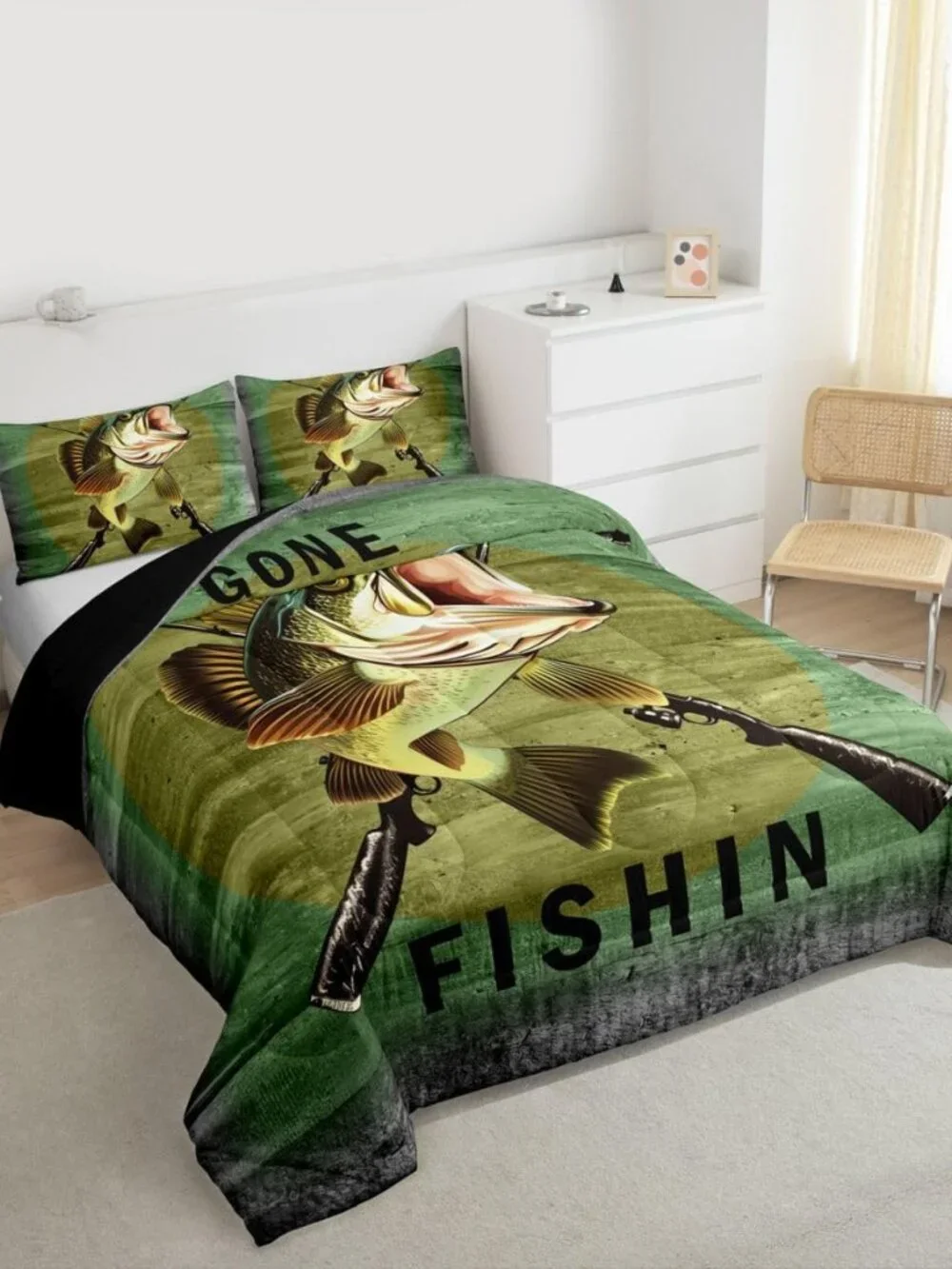 Pike Fish Hunting Comforter Set Twin Size Kids Boys Bedding